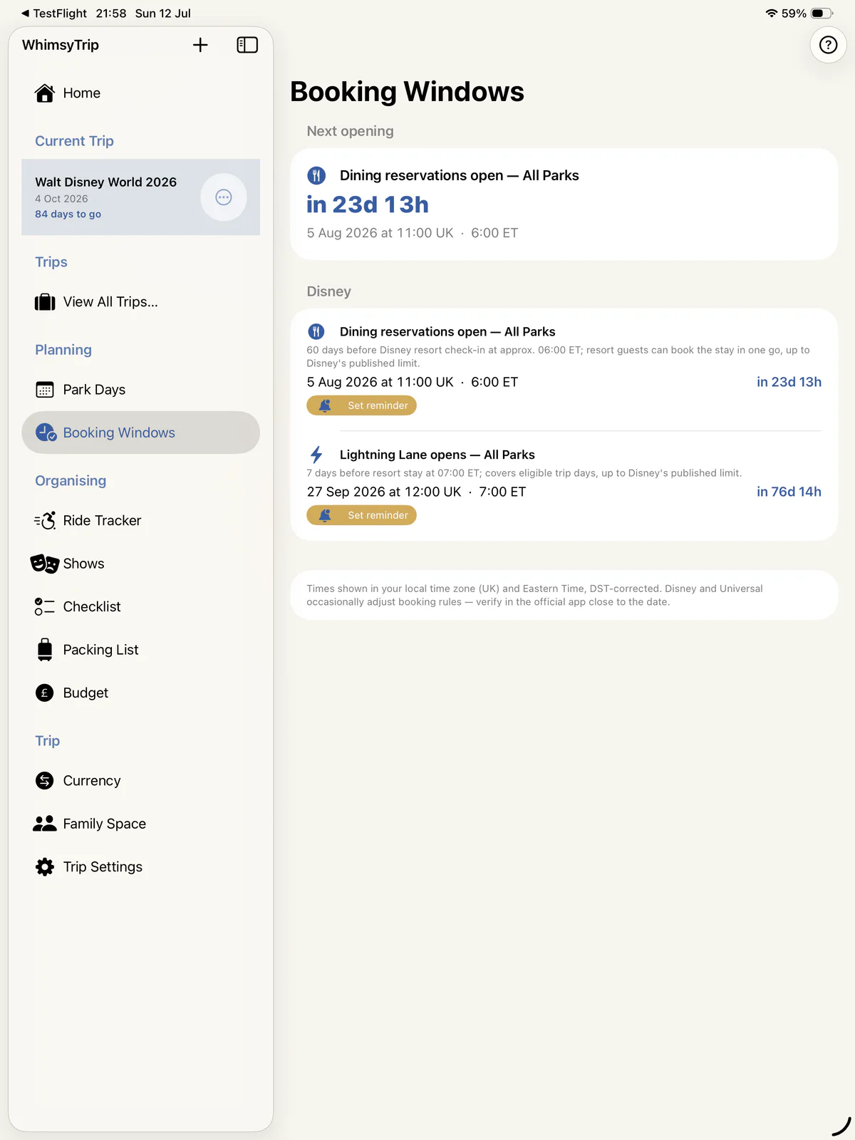 Booking Windows screen showing dining and attraction reservation dates