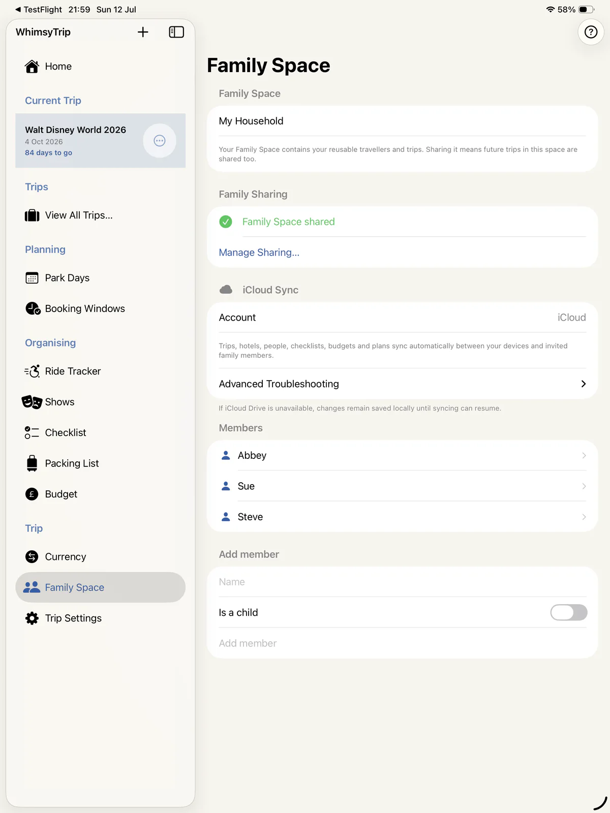 WhimsyTrip Family Space sharing screen