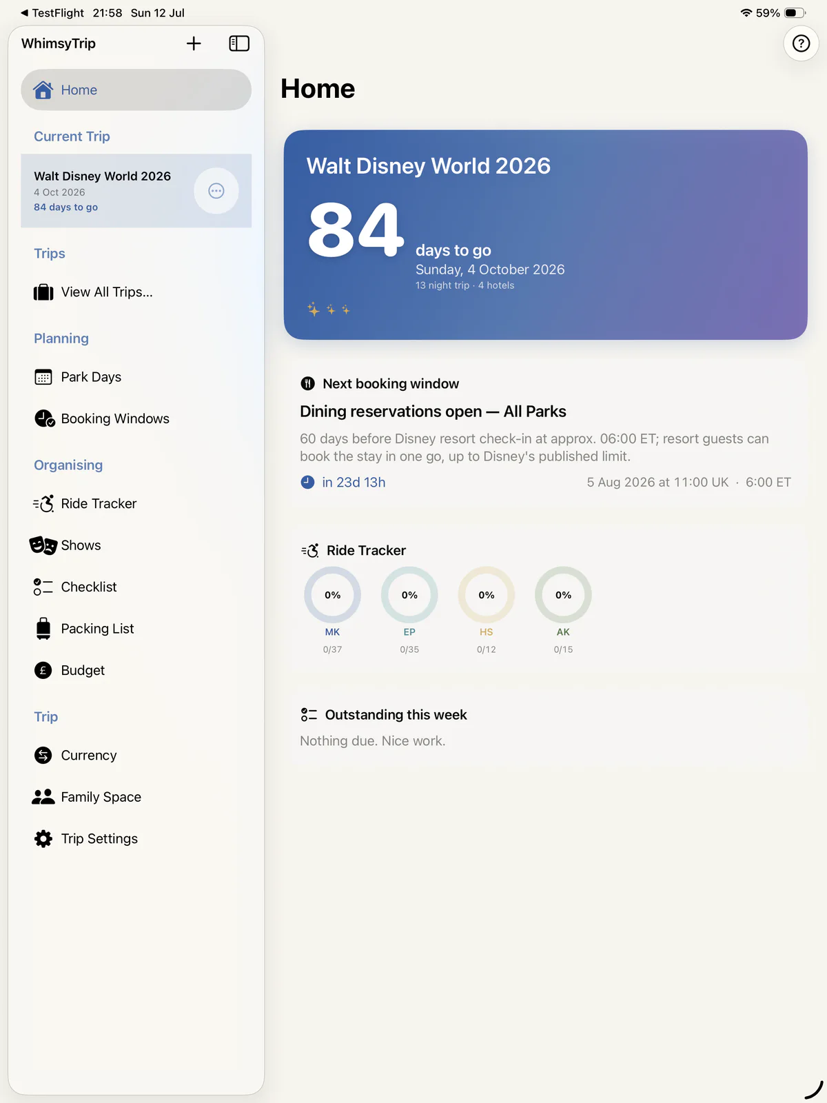 WhimsyTrip home dashboard showing a trip countdown, next booking window and ride progress