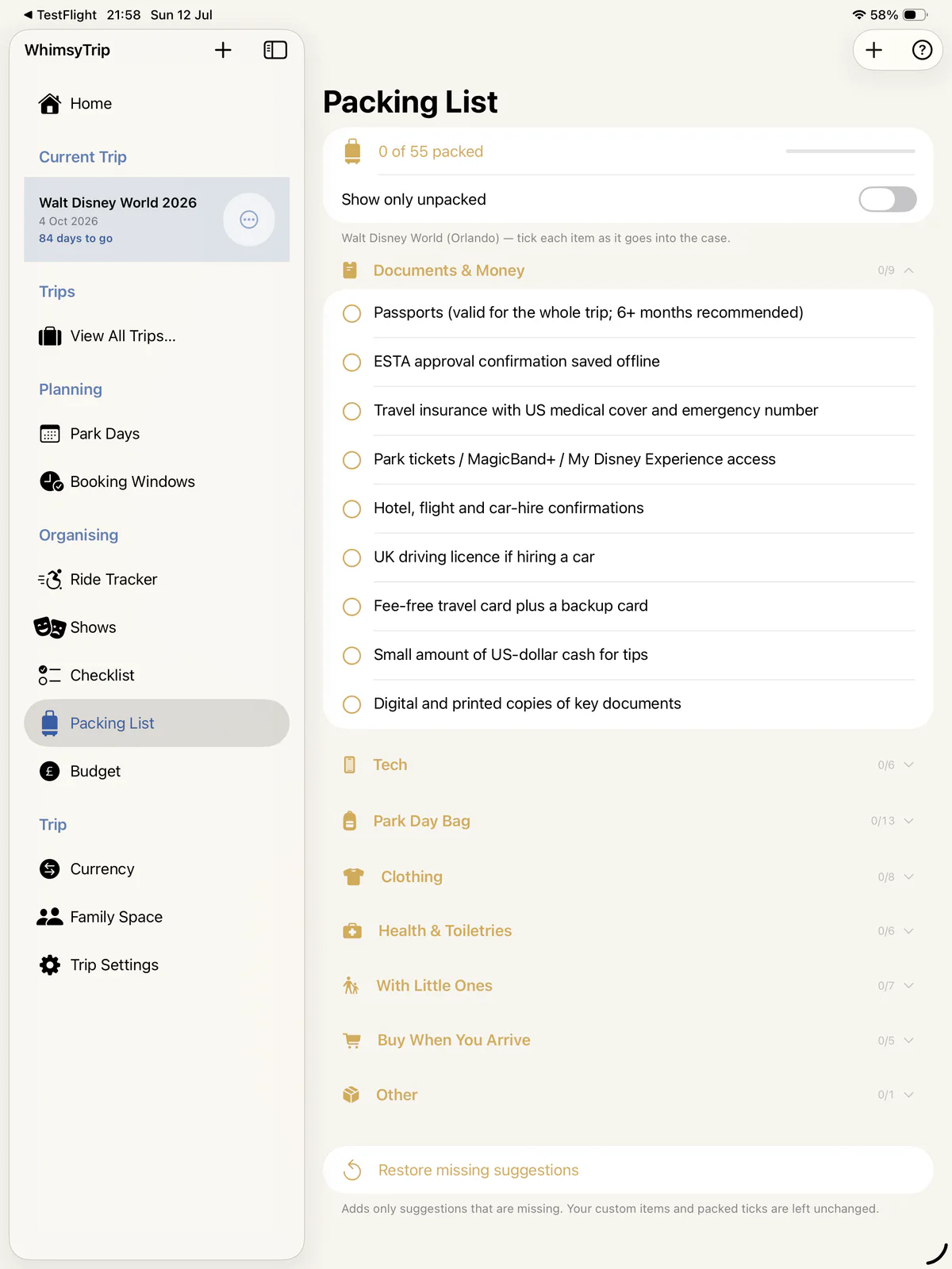 WhimsyTrip Packing List screen