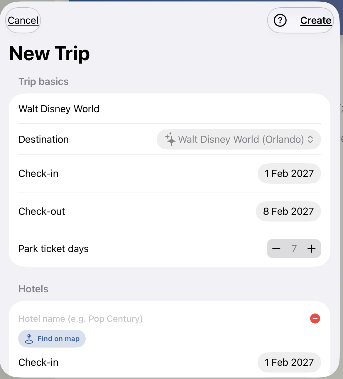 WhimsyTrip New Trip screen showing trip basics, destination, dates, and park ticket days