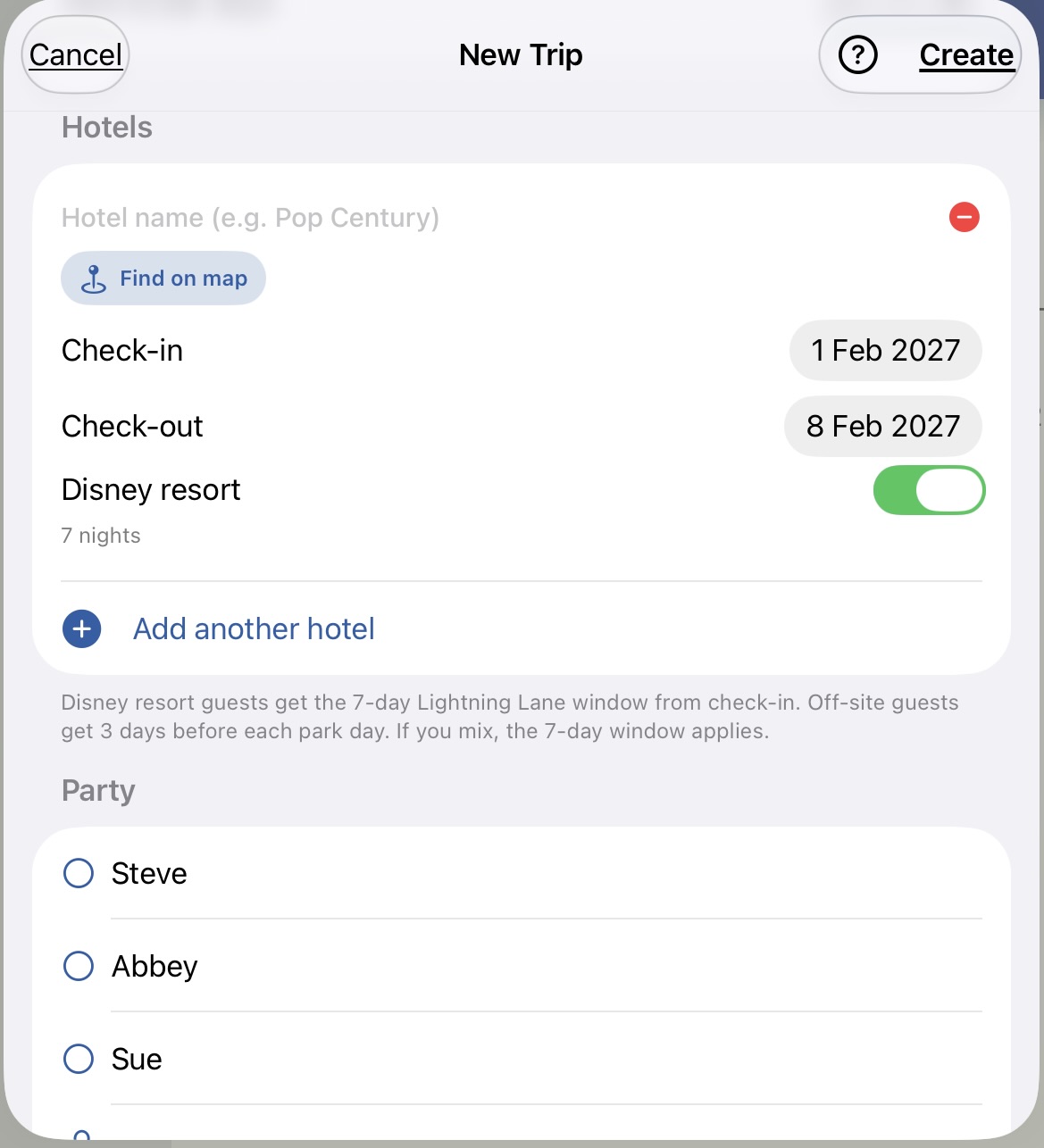 WhimsyTrip New Trip screen showing hotel dates, Disney resort setting, and party members