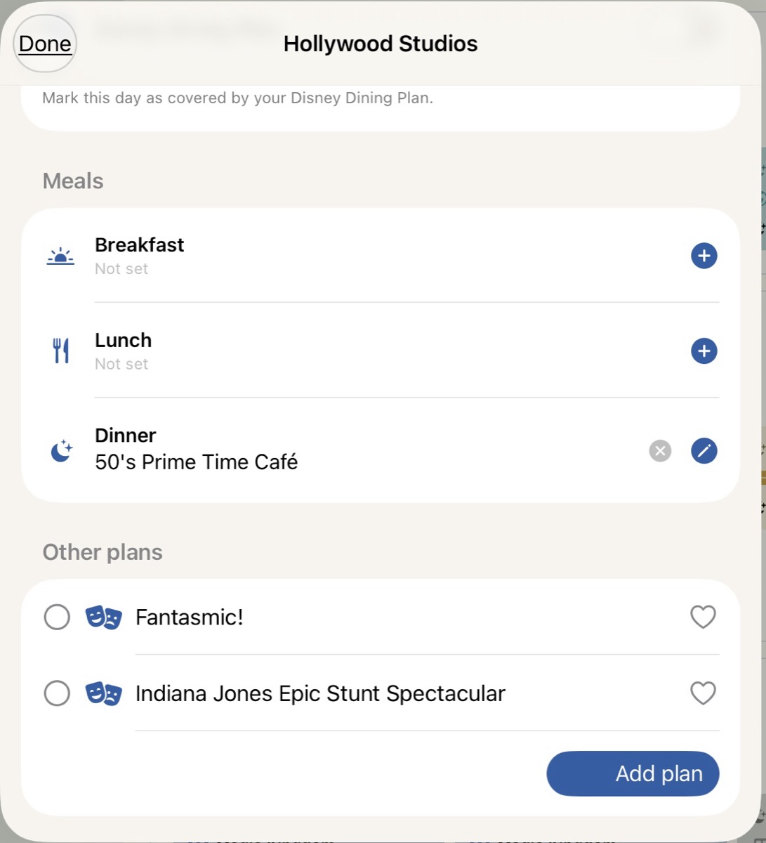 WhimsyTrip day editor showing breakfast, lunch, dinner, other plans, shows, and Add plan button