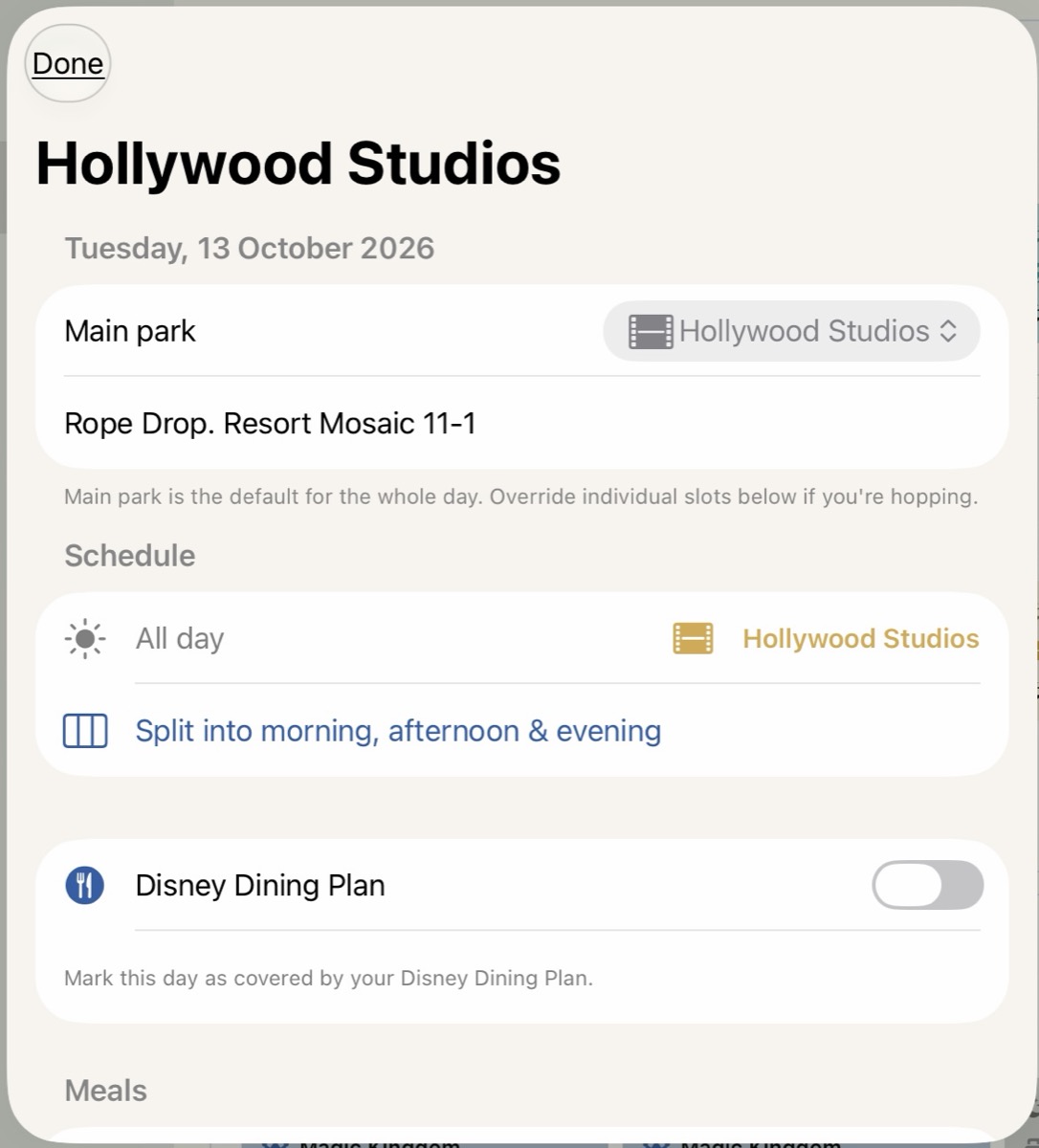 WhimsyTrip day editor showing all-day planning, split-day option, notes, and Disney Dining Plan toggle