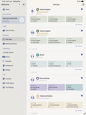 WhimsyTrip Park Days list view showing the second half of a Walt Disney World trip